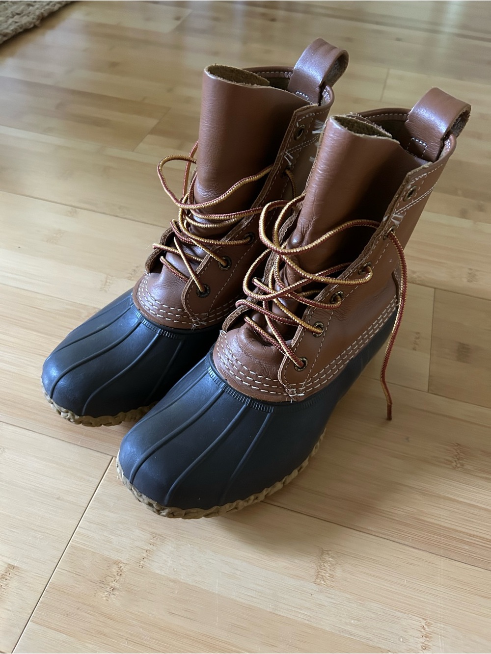 L.L. Bean Brown Leather & Black Duck Boots with Lace-Up Front